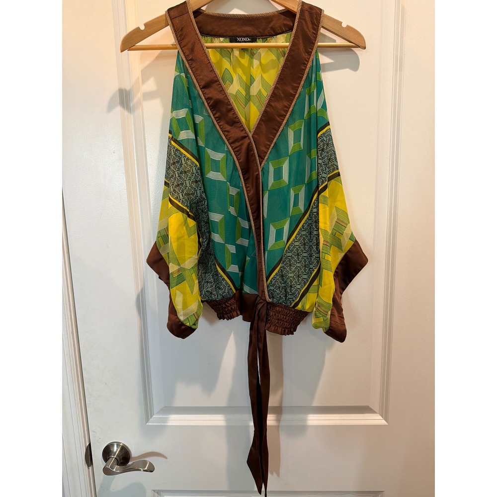 XOXO Womens Small Geometric Print Kimono Wrap Top Brown Teal Yellow Boho Smocked